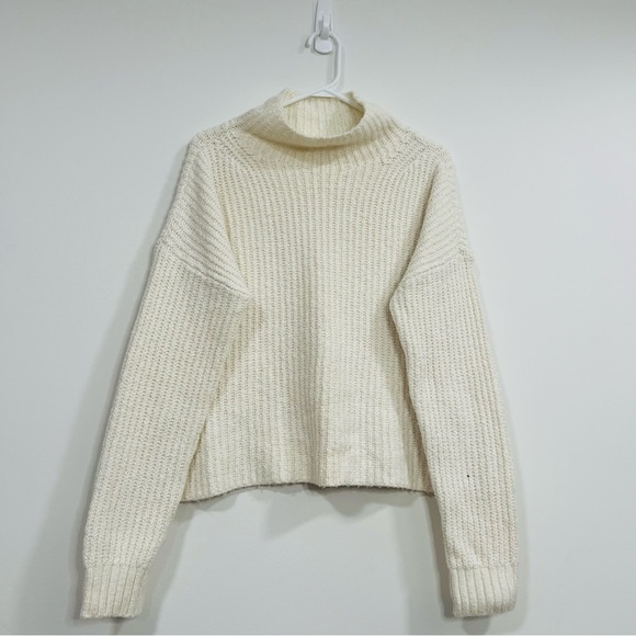 Anthropologie Textured Cream Turtleneck Knit Cotton Sweater Ribbed Warm Spring - Picture 2 of 8